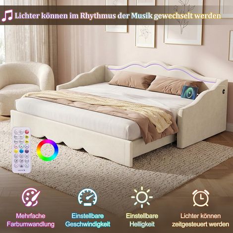 Lit d'enfant 90 x 200 cm, extensible jusqu'à 180 cm, avec éclairage LED et port USB, en velours beige (1/5)