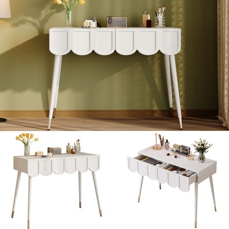 Coiffeuse et bureau blanc à 2 tiroirs avec pieds métalliques, dimensions L100 × P40 × H76 cm