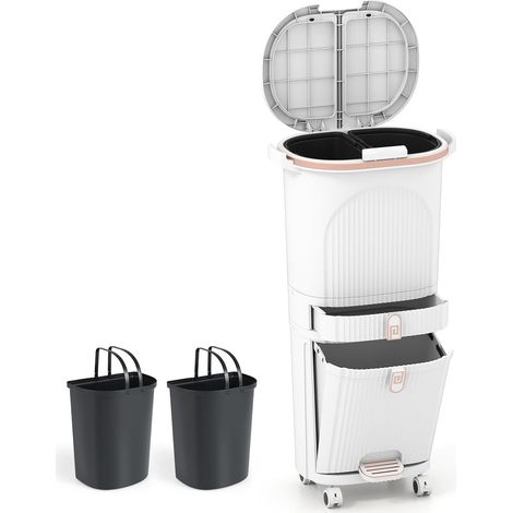 COSTWAY 42L Pattumiera da Cucina con Coperchi, Bidone per Raccolta Differenziata a 3 Piani con 2 Secchi Rimovibili, Pedale e Ruote, Contenitore per Rifiuti (Bianco,3 piani) (1/5)