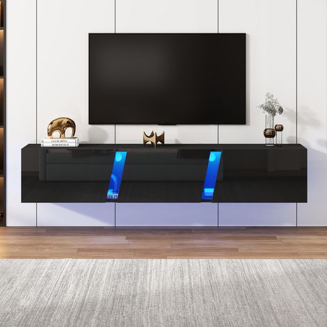 Meuble TV mural 180 x 35 x 30 cm, meuble TV bas avec éclairage LED, support TV à 3 portes, compatible avec les téléviseurs jusqu'à 75 pouces, finition laquée noire. (1/5)