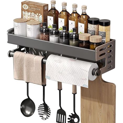 (40cm)Étagère Épices Murale Aluminium 13.5cm Largeur Porte-Épices 30/40/50cm Étagère Murale Cuisine Sans Perçage avec 5 Crochets et Barre Rangement Mural (1/5)