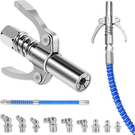 Coupler Embout Pompe à Graisse, Universal Embout Pompe à Graisse à Double Poignée Raccord de Pistolet à Graisse Coupleur avec Tuyau de Pompe à Graisse 30cm pour Tous Types de Presses à Graisse (1/5)