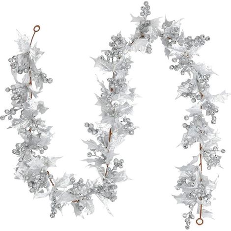 Argent Baies Guirlande de Noël, 6ft Guirlande de Baies Artificielles Flexibles avec Baies à Paillettes Argentées et Feuilles de Houx pour Noël Hiver Nouvel an Cheminée Porte Arbre Décoration (1/5)