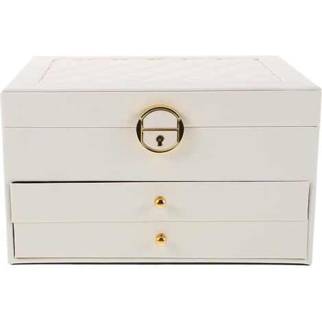 Boîte à Bijoux Blanche en Cuir à 3 Couches avec Serrure, Organisateur Élégant et Spacieux pour Bagues, Colliers et Bracelets, Rangement Pratique pour Femme (1/5)