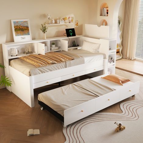 Letto estraibile 90x200 MDF/pino bianco con 3 cassetti, senza materasso - MEUBLIV (1/5)