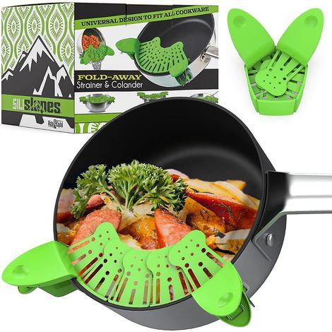 Passoire à bec verseur à clipser, pliable et en silicone, pour casseroles et poêles. Résistante à la chaleur, petite passoire pliable pour pâtes, légumes, etc. (1/5)