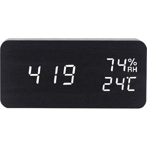 Numérique Réveil Bois Réglable Luminosité Contrôle Vocal LED Horloge Rectangle Affichage Temps Température Décor À La Maison,Noir (1/5)