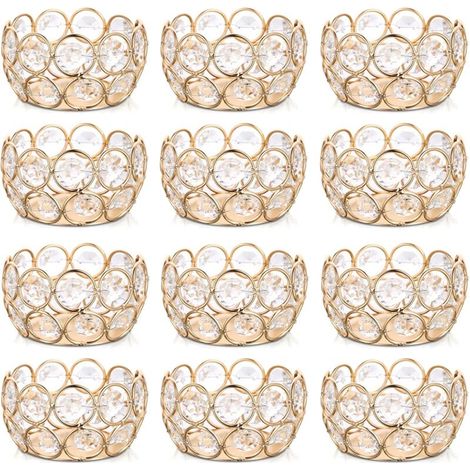 Bougeoir de Cristal Lot de 12, Chandelier Supports pour Bougies Chauffe-Plat pour Table Deco Noel Mariage Fête Banquet Anniversaire Décor, 8cm, Bordure en Or Métal (1/4)