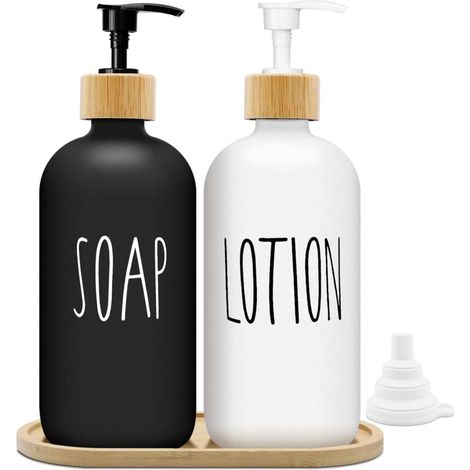 Matte Black and White Soap Dispenser Set 500ml Glass Soap Dispenser with Tray Dishwashing Liquid Dispenser Soap Dispenser for Kitchen and Shower (White + Black)