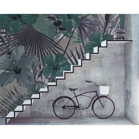 Papier peint panoramique jungle vert beige salon | Tapisserie panoramique floral hibiscus idéal hôtel | Papier peint panoramique aquarelle zen nature - 270 x 400 cm (4 pièces) (1/5)