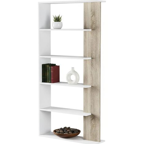 Libreria Eolo, Mobile portalibri bifacciale a 5 ripiani, Scaffale divisorio da ufficio o cameretta, 90x25h180 cm, Bianco e Rovere