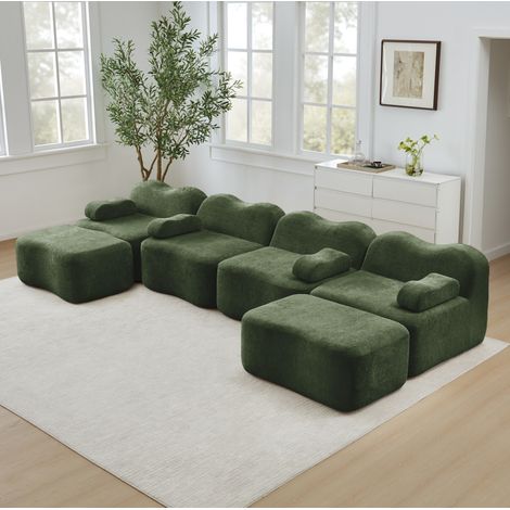 Canapé modulaire en U 4 places en velours vert avec 2 ottomans, sans structure rigide (1/5)