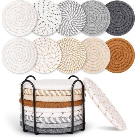 Sous-verres Tissés - 10 Pièces - Support Métal Inclus - Isolation Thermique - Antidérapant - Gris Khaki (1/5)