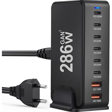Chargeur USB C : adaptateur secteur USB 286 W 8 ports avec 6 USB-C et 2 USB-A, chargeur rapide PD 3.0 pour MacBook, ordinateur portable, iPhone, iPad, Samsung(Noir,EU) (1/5)