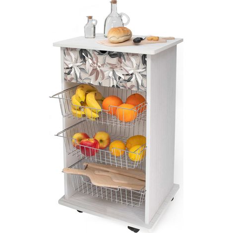 Lupia - Carrello Cucina Multifunzione Bianco WHITE LEAVES MIX, Portafrutta Ruote Piroettanti, Piano di Appoggio, tre Cestelli Estraibili in Acciaio, Legno 40X45H85 cm montato (1/4)