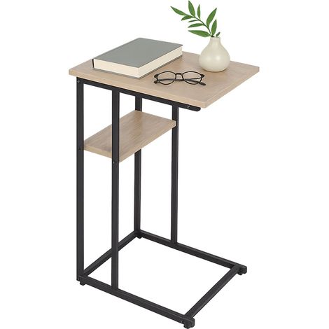 Relaxdays C-shaped side table, large & small shelves, HWD 60x40x30cm, for sofa & bed, metal & MDF, light brown/black (1/5)