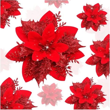 Fleurs de Noël Poinsettia, 10 Pcs Rouge de Fleurs de Noël Pailletées, Mariage, Fête du Nouvel an,DECOR DE NOEL (14cm) (1/5)