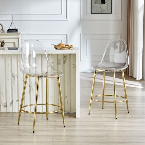 Lot de 2 tabourets de bar transparents design flottant,pieds métal doré,H.102 cm,parfaits pour cuisine ouverte européenne et intérieur minimaliste.