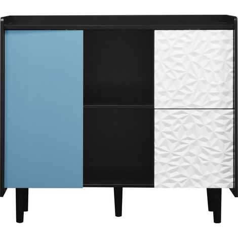 Credenza buffet nera con ante blu, 2 cassetti e 2 vani a giorno, MDF, 90 x 40 x 80 cm, MODENUIT (1/5)
