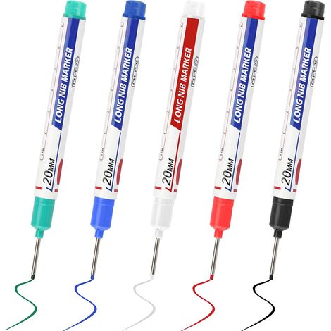 Stylo Chantier, 5 PCS Marqueur Trou Profond Marqueurs Charpentier Marqueurs Imperméables Pointe Longue 20 mm Marqueur Precision Chantier pour Bois Métal Plastique et Carton Noir Bleu Rouge Blanc Vert (1/5)