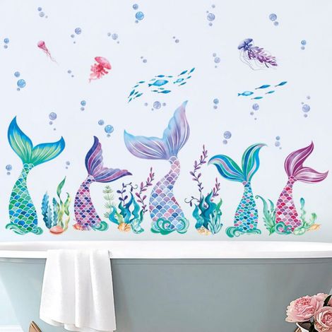 Sticker Mural Queue De Sirène - Vinyle Non Toxique Imperméable - Pour Chambre Enfant Fille Salle De Bain Crèche - Lot De 5 (1/4)