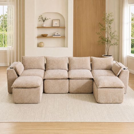 Divano modulare 4 posti con 2 pouf, cuscini, portabicchieri, ciniglia kaki DESVIAE (1/5)