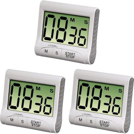 Minuteur de Cuisine Numérique (Grand Ecrand LCD avec Grands Chiffres, Timer Magnétique avec Minuterie Chronomètre et Programmateur, Fixation Via Aimant Pince ou Support, Pile fournie) Blanc