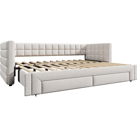 Letto divano estraibile 90x200 cm beige in velluto con 2 cassetti, struttura MDF, senza materasso (1/5)