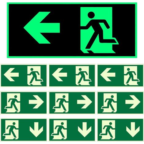Lot de 9 panneaux de sortie de secours, phosphorescents, autocollants, pour hôtels, écoles, immeubles de bureaux (3 « gauche, droite » et « bas ») (1/5)