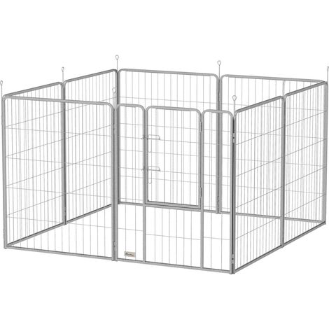 Welpenauslauf 100 cm Hoch, 8-TLG Hundelaufstall Welpenlaufstall mit Gurt und Tür, Freilaufgehege für kleine bis mittelgroße Hunde, Meerschweinchen, Kaninchen, Stahl, Silber Aosom