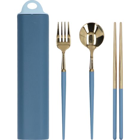 Ensemble de couverts en acier inoxydable portable pour étudiants avec boîte de rangement, bleu et or