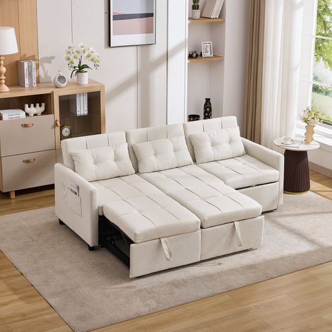 Canapé-lit 3 places moderne avec fonction couchage, idéal pour le salon et la chambre, dossier inclinable à 180°, canapé d'angle et canapé en L, canapé de rangement pliable avec poches latérales, beig (1/5)