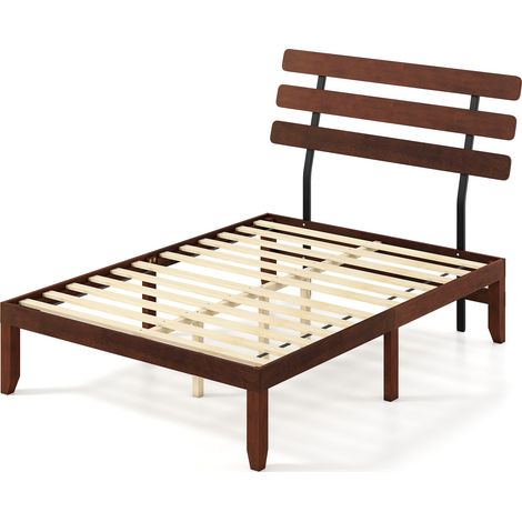 COSTWAY Double Size Bed Frame Solid Wood Platform Bed w/Retro Headboard-Walnut (1/5)