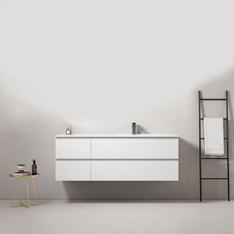 Mobile bagno sospeso 140 cm Bianco Lavabo a Destra in Resina Senza Specchio - Fiji Paint (1/5)