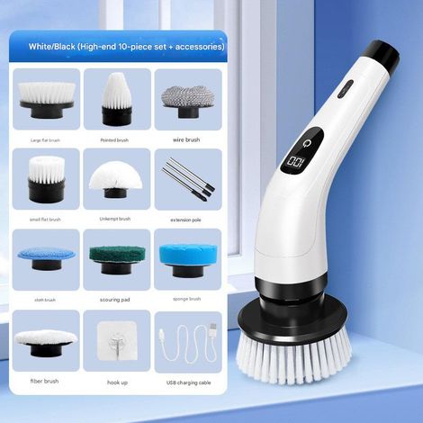 Ensemble de 10 pièces, nettoyeur électrique, brosse de nettoyage sans fil, vitesse sans fil 400 tr/min, chargement USB, 2 vitesses réglables, blanc.