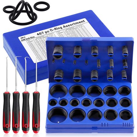 Assortiment de 411 joints toriques universels SAE de 32 tailles comprenant 407 joints toriques NBR en caoutchouc nitrile et 4 crochets pour réparation de plomberie, connexions d'étanchéité (1/5)