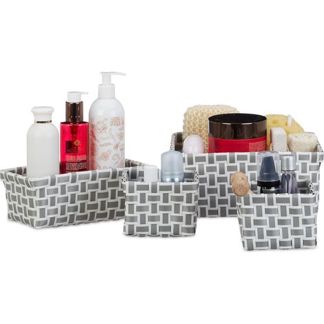 Relaxdays Cestini Bagno Portaoggetti, Set 4 Organizer Universali Design Intrecciato, Box Salvaspazio, Bianco-Grigio (1/5)
