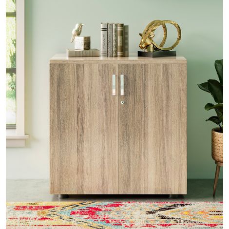 Hallowood Furniture Dudley Small Office Cupboard with Laminated Oak Finish, Lockable Cabinet with Shelf, Wooden Home Office Filing Cabinet, Book Case, Living Room Shoe Cupboard