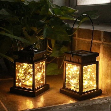 Lanterne solaire de jardin étanche à LED, suspendue, avec effet bougie vacillante pour terrasse et jardin (001) (1/5)