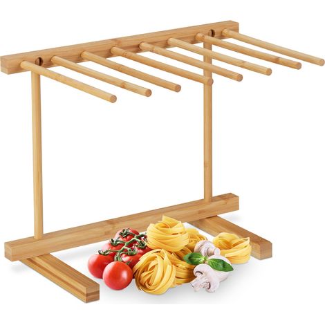 Relaxdays Secador Pasta Fresca Plegable de 8 Brazos, Tender Seca Pasta Bambú, Colgador Fideos Compacto, 28cm, Natural