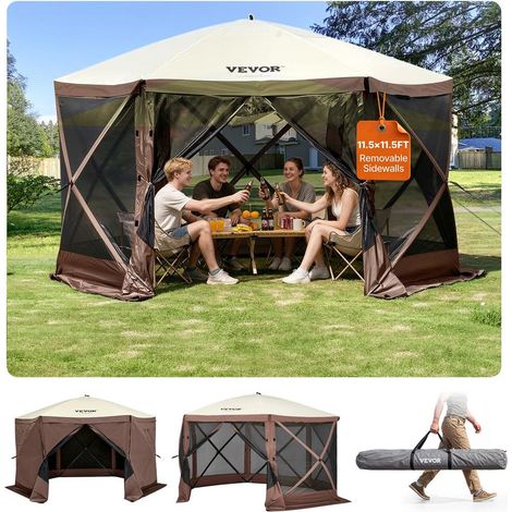 Tonnelle Pop-up avec Moustiquaire 3,51 x 3,51 m Gazebo de Camping 6 Côtés Panneaux Coupe-Vent Oxford 300D Marron (1/5)