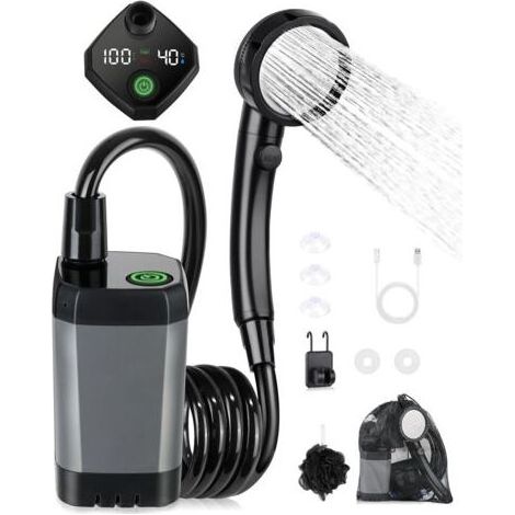HOXILEELEO - Doccia elettrica-portatile – batteria ricaricabile batteria da 6000 mAh – 4 modalità di doccia – Impermeabile – smart Display – Perfetto per il campeggio e escursionismo (1/5)