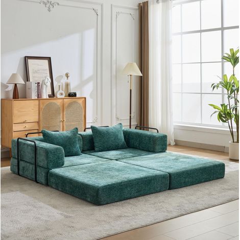Modulares 2-Sitzer-Schlafsofa aus dunkelgrünem Chenille OKMYHOME (1/5)