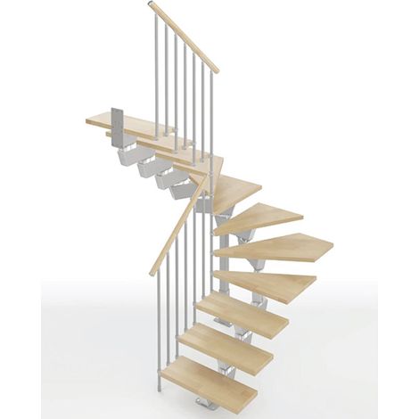 gewundene Treppe Breite 85cm, 10 Stufen + Podest, Holz naturfarbig und silbergraues Metall - KNOCK85/U/HG-RH-10