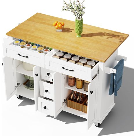 Îlot de cuisine mobile avec plan de travail rabattable, 140 x 40-65 x 89 cm, 5 tiroirs, placards, porte-épices et porte-serviettes sur roulettes (1/5)