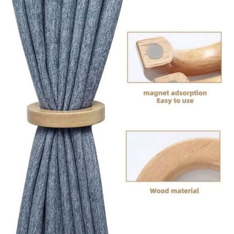 Embrasse De Rideau - Bois Naturel - Aimant Intégré - Pour Rideaux En Tissu - 2 Pièces (1/4)
