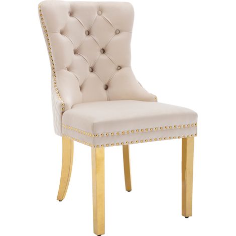 Chaises de salle à manger en velours beige avec anneau décoratif et pieds en acier inoxydable doré – Lot de 4 (1/5)