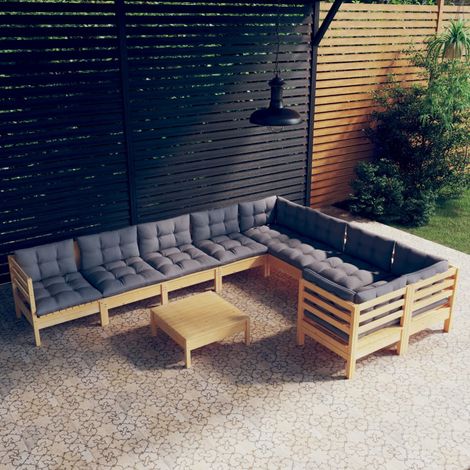 10-tlg. Garten-Lounge-Set mit Grauen Kissen Kiefernholz vidaXL (1/5)