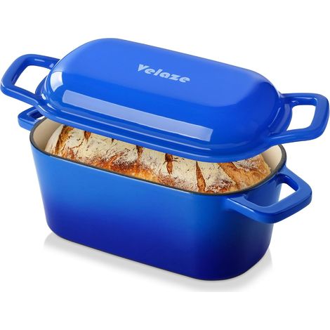 Enamelled Cast Iron Casserole 3.4 L - Blue Bread Pan with Lid for Induction Cooker, Non-Stick Stock Pot with Cream Interior - Cast Iron Induction Casserole Dish, Baking Bread, Braising, Stews (27 x 15 (1/5)