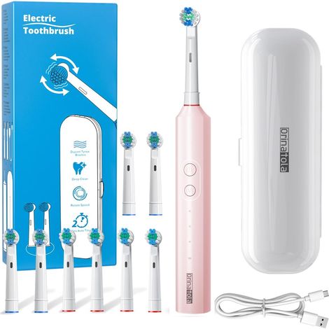 Brosse à dents électrique avec 8 têtes de brosse et étui de voyage, 3 modes, brosse à dents électrique étanche IPX7 pour voyage, rose (1/5)